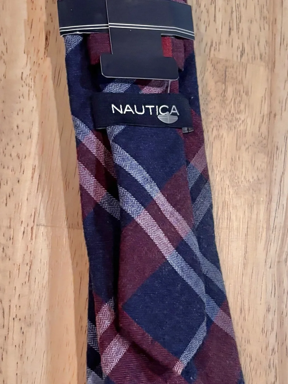 NWT Nautica Men’s Navy Plaid Tie with Burgundy Accents